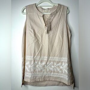 Retrology Linen Beige Shirt with White Floral Stitching at bottom
